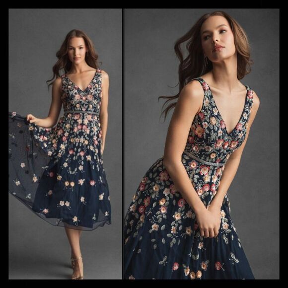 Mac Duggal‎ 5527 Womens Size 16 Navy Blue V-Neck Floral Beaded A-Line Midi Dress